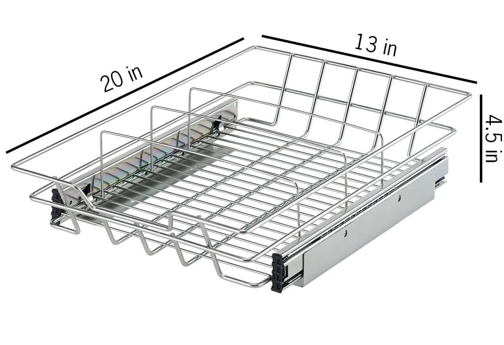 A silver wire sliding drawer with dimensions labeled is shown on a white background. The drawer is rectangular and measures 20 inches in depth, 13 inches in width, and 4.5 inches in height.