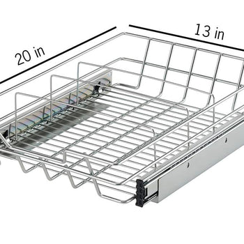 A silver wire sliding drawer with dimensions labeled is shown on a white background. The drawer is rectangular and measures 20 inches in depth, 13 inches in width, and 4.5 inches in height.