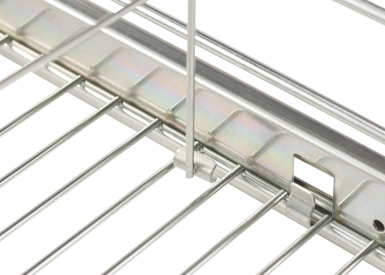 A close-up shot shows the construction detail of a metal wire sliding drawer. The image highlights how the wires are connected and slide along a metal track, suggesting a durable and functional storage solution.
