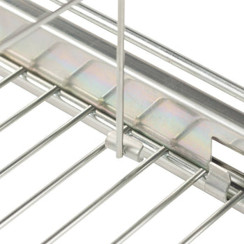 A close-up shot shows the construction detail of a metal wire sliding drawer. The image highlights how the wires are connected and slide along a metal track, suggesting a durable and functional storage solution.