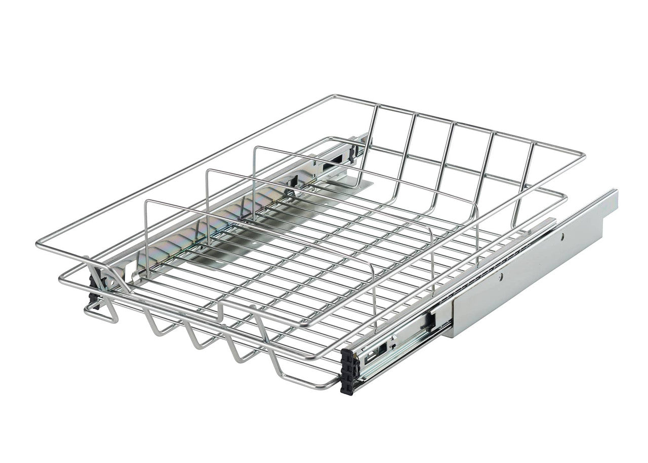 A silver, rectangular wire drawer with dividers is extended on its sliding tracks. The drawer has a grid bottom and open wire sides, suggesting it's for storage.