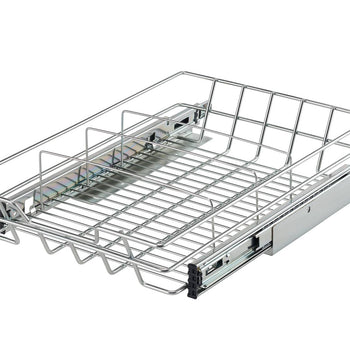 A silver, rectangular wire drawer with dividers is extended on its sliding tracks. The drawer has a grid bottom and open wire sides, suggesting it's for storage.