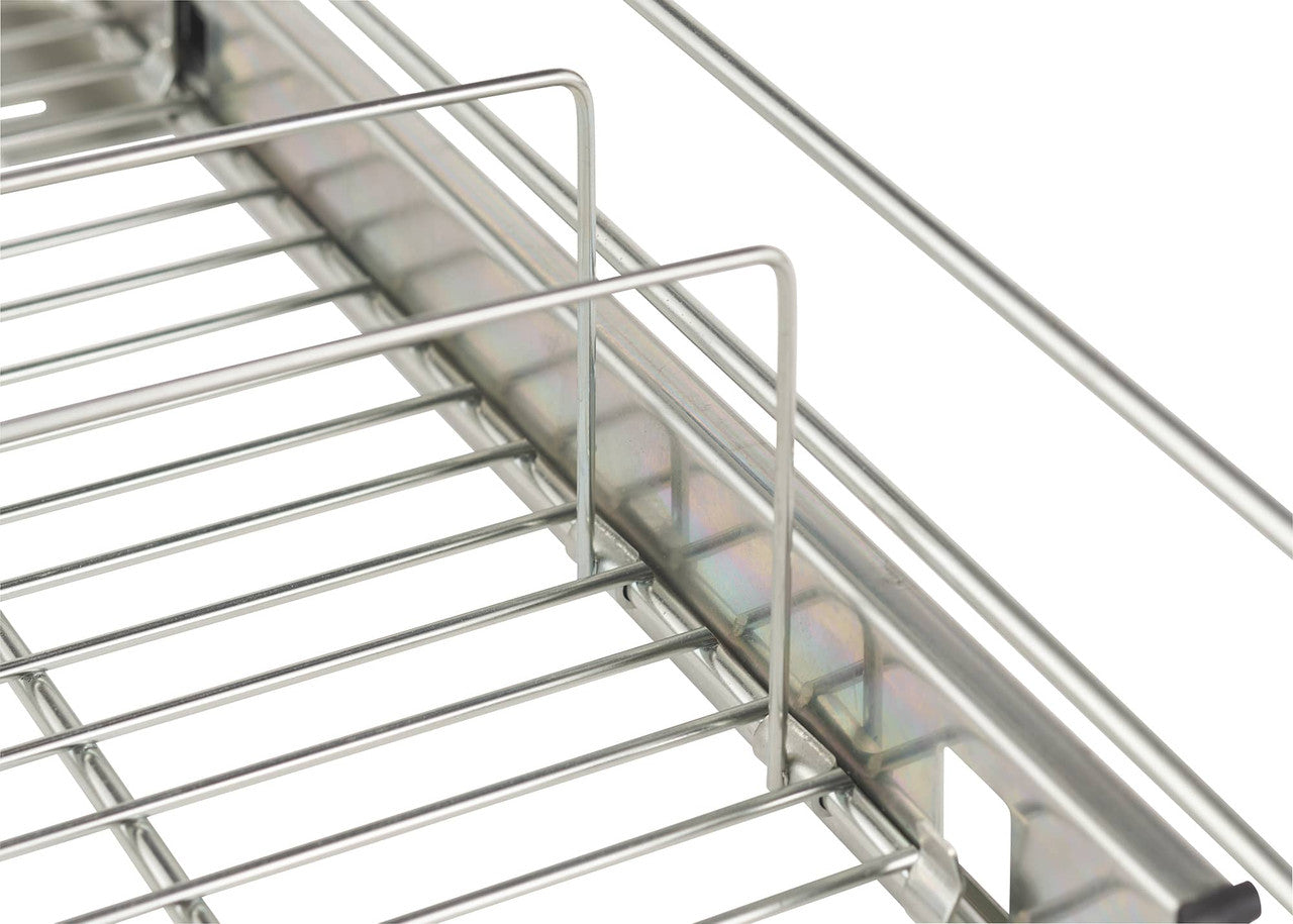 Close-up view of the wire shelving and sliding drawer mechanism of a Trinity Pro EcoStorage unit. The focus is on the stainless steel construction and the smooth gliding action of the drawer slides.