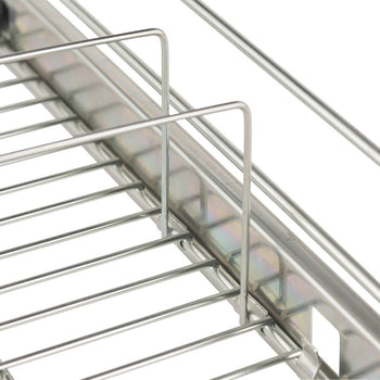 Close-up view of the wire shelving and sliding drawer mechanism of a Trinity Pro EcoStorage unit. The focus is on the stainless steel construction and the smooth gliding action of the drawer slides.