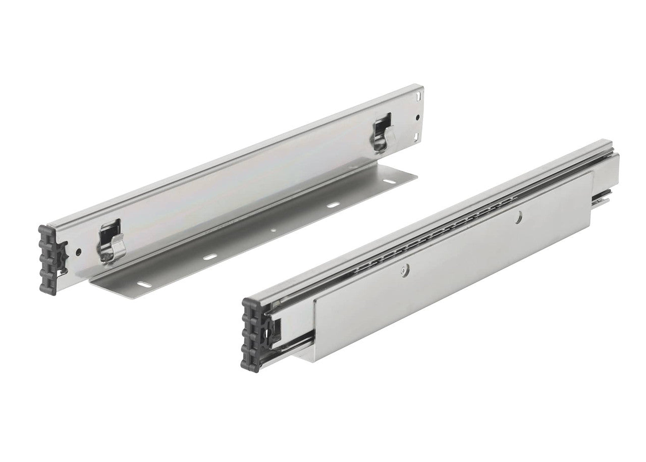 Two fully extended, silver metal drawer slides are shown on a white background. The slides feature black plastic rollers at the front and mounting holes along their length.