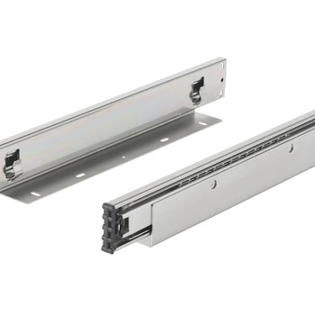 Two fully extended, silver metal drawer slides are shown on a white background. The slides feature black plastic rollers at the front and mounting holes along their length.