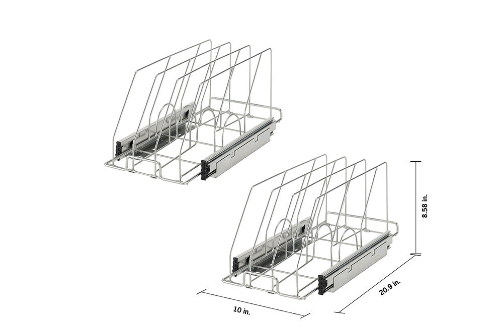 Two chrome sliding bakeware organizers are shown against a white background. The lower organizer has dimensions labeled as 10 inches wide, 20.9 inches deep, and 8.58 inches high.