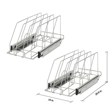 Two chrome sliding bakeware organizers are shown against a white background. The lower organizer has dimensions labeled as 10 inches wide, 20.9 inches deep, and 8.58 inches high.