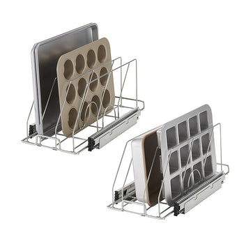 Two chrome wire sliding bakeware organizers are shown against a white background. Each organizer holds various baking pans and trays upright, making them easily accessible.