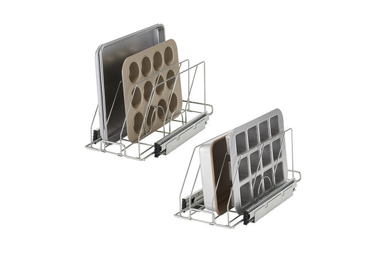 Two chrome wire sliding bakeware organizers are shown against a white background. Each organizer holds various baking pans and trays upright, making them easily accessible.
