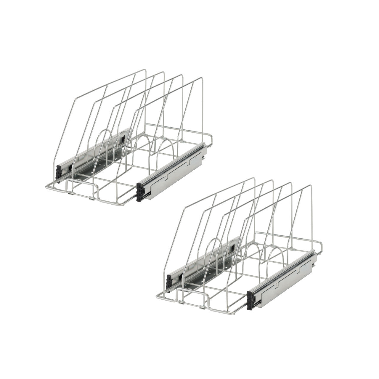 Two pull-out wire rack organizers with dividers are shown against a white background. Each organizer features a sliding mechanism and multiple vertical wires to separate items.