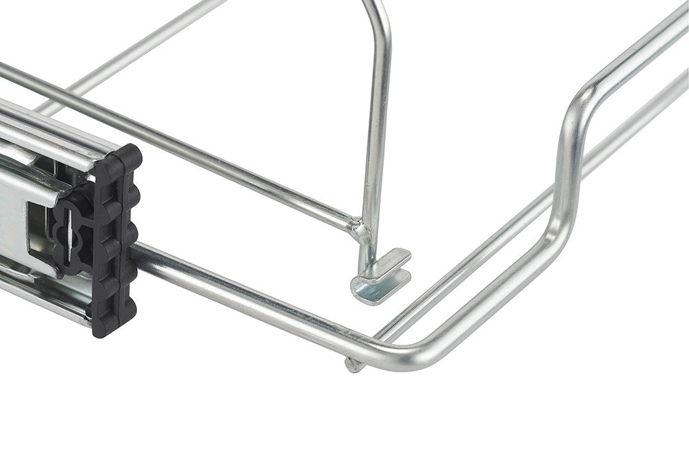 A close-up shows a section of a silver metal sliding organizer with black plastic components. The organizer appears to have multiple tiers or sections designed for storage.