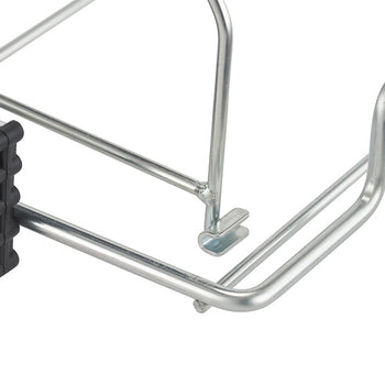 A close-up shows a section of a silver metal sliding organizer with black plastic components. The organizer appears to have multiple tiers or sections designed for storage.