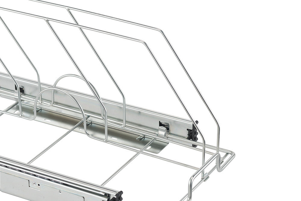 A close-up shows a Trinity Pro EcoStorage sliding bakeware organizer with multiple wire dividers for storing flat kitchen items. The organizer features smooth-gliding rails and a chrome finish.