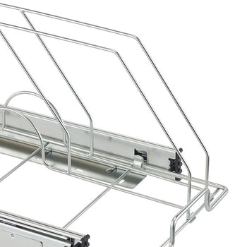 A close-up shows a Trinity Pro EcoStorage sliding bakeware organizer with multiple wire dividers for storing flat kitchen items. The organizer features smooth-gliding rails and a chrome finish.