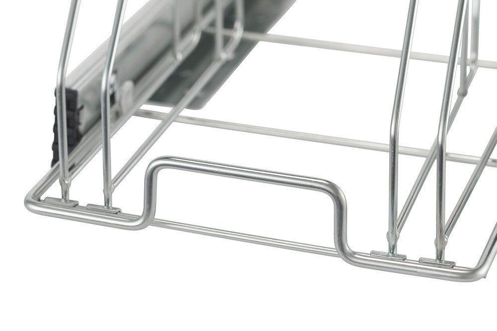 A close-up shows the bottom corner and sliding mechanism of a chrome wire bakeware organizer. The metal frame has horizontal and vertical wires, and a drawer slide is visible on the left side.