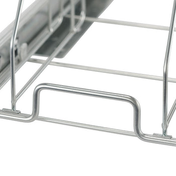 A close-up shows the bottom corner and sliding mechanism of a chrome wire bakeware organizer. The metal frame has horizontal and vertical wires, and a drawer slide is visible on the left side.