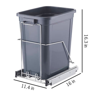 A gray rectangular trash can sits inside a chrome sliding frame with dimensions labeled. The trash can is 16.3 inches tall, the frame is 11.4 inches wide, and the extended depth of the sliding mechanism is 16 inches.