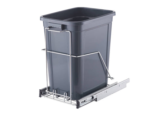 A dark gray rectangular trash can sits inside a chrome wire frame with a sliding track mechanism attached to the bottom. The trash can has handles on its sides and appears to be made of plastic.