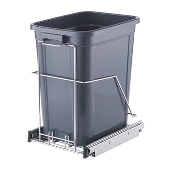 A gray rectangular trash can sits inside a chrome wire frame mounted on sliding drawer rails. The trash can has a slightly tapered shape and a handle on one side.