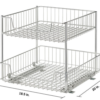 A two-tiered chrome wire drawer organizer is shown against a white background. The bottom drawer is extended forward on sliding tracks, revealing its contents would be easily accessible. The organizer's dimensions are labeled as 18.5 inches wide, 20 inches deep, and 17.3 inches tall.