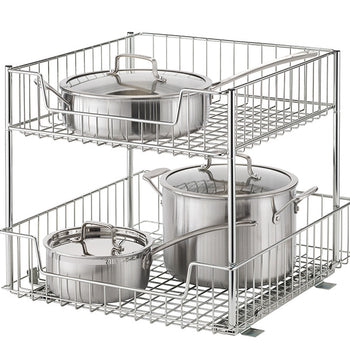 A two-tiered chrome wire drawer system is shown against a white background. The top drawer holds a single stockpot with a lid, while the bottom drawer contains two stockpots, both with lids.