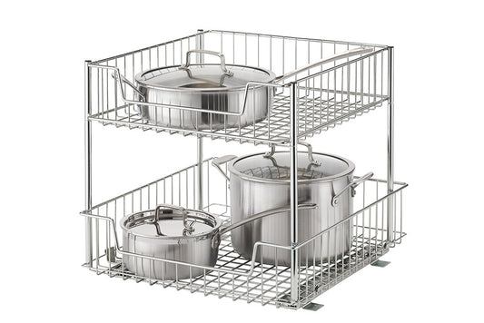 A two-tiered chrome wire drawer system is shown against a white background. The top drawer holds a single stockpot with a lid, while the bottom drawer contains two stockpots, both with lids.