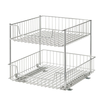 A two-tiered chrome wire storage unit with sliding drawers is shown against a white background. The top basket sits stationary, while the bottom basket is extended forward on its sliding mechanism.