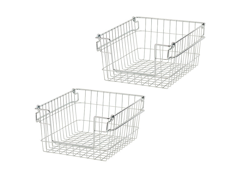 Two identical, empty, square-shaped wire baskets are shown stacked diagonally on a white background. The baskets have handles on the sides and are made of thin, silver-colored metal wire.