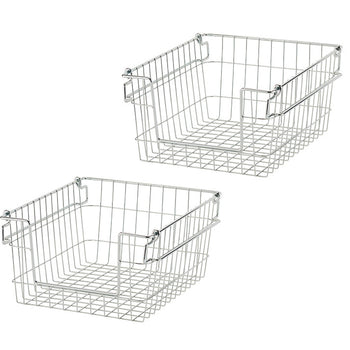 Two identical, empty, square-shaped wire baskets are shown stacked diagonally on a white background. The baskets have handles on the sides and are made of thin, silver-colored metal wire.