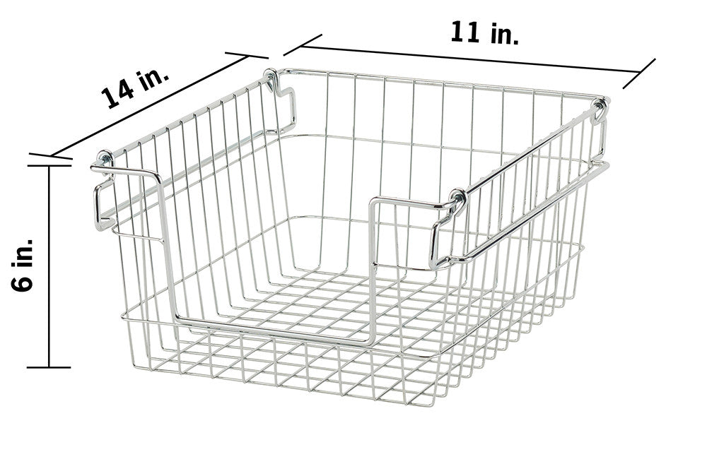 A single, empty, silver wire storage basket is shown at a slight angle with dimensions labeled. It features a grid pattern on the bottom and handles on the sides with 6in X 11in x 14in product dimension.