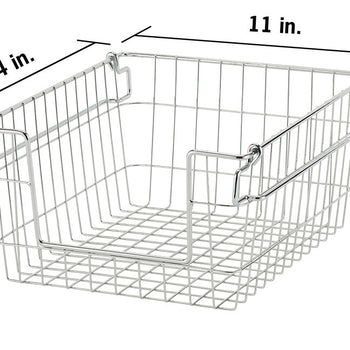 A single, empty, silver wire storage basket is shown at a slight angle with dimensions labeled. It features a grid pattern on the bottom and handles on the sides with 6in X 11in x 14in product dimension.
