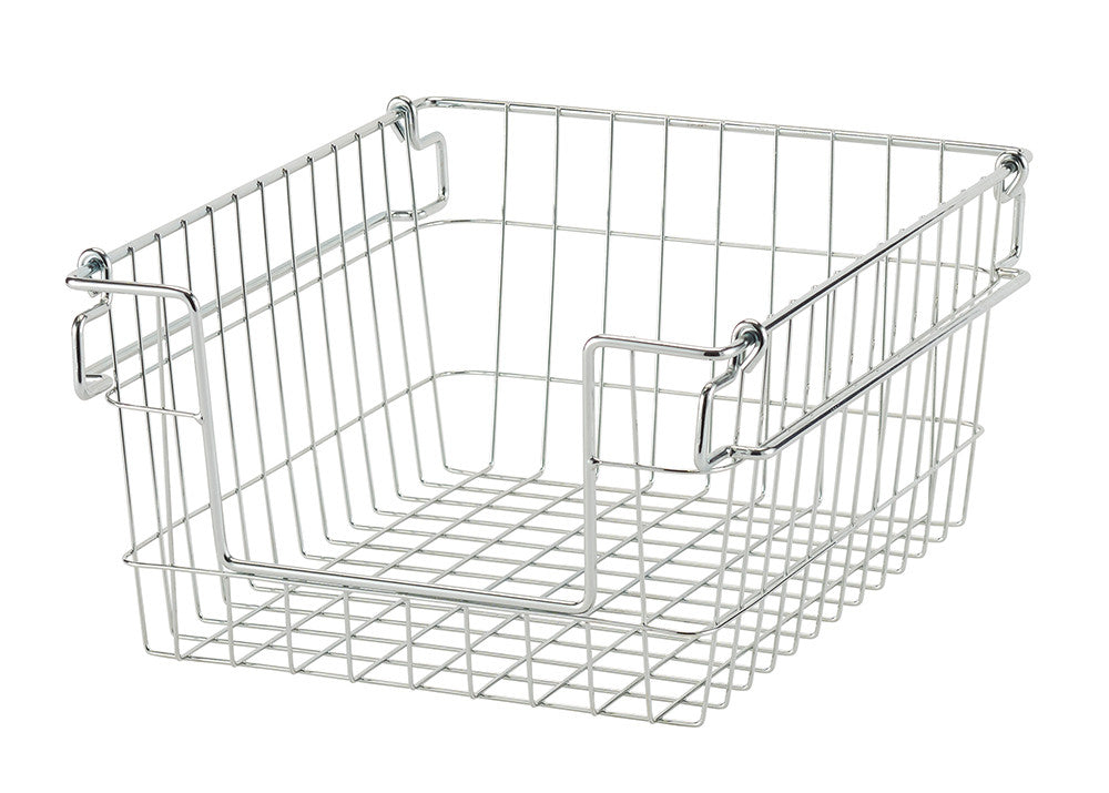 A silver wire basket with a grid pattern on the bottom and a higher rim on the sides. The basket has small handles on the short sides and is isolated on a white background.