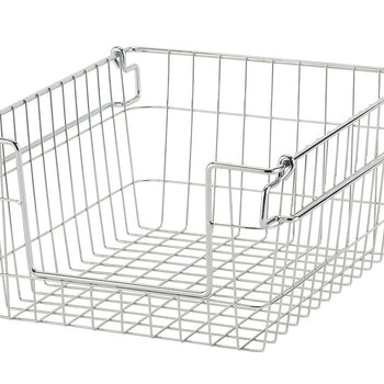 A silver wire basket with a grid pattern on the bottom and a higher rim on the sides. The basket has small handles on the short sides and is isolated on a white background.