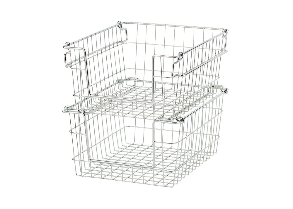 A product shot of two stackable, chrome-colored metal wire storage baskets with handles, positioned one on top of the other, against a white background. The baskets feature a grid pattern on the bottom and vertical wire sides.