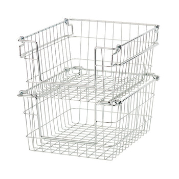 A product shot of two stackable, chrome-colored metal wire storage baskets with handles, positioned one on top of the other, against a white background. The baskets feature a grid pattern on the bottom and vertical wire sides.