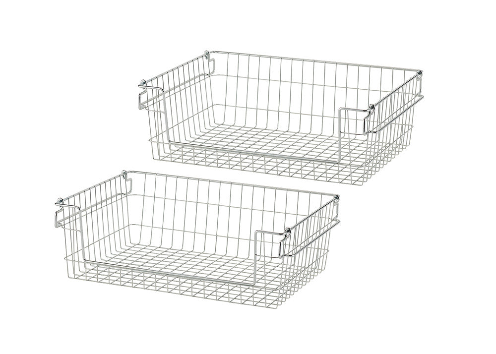 Two identical rectangular wire baskets are stacked diagonally against a white background. The baskets are made of thin, silver-colored metal wire and feature handles on the short sides.