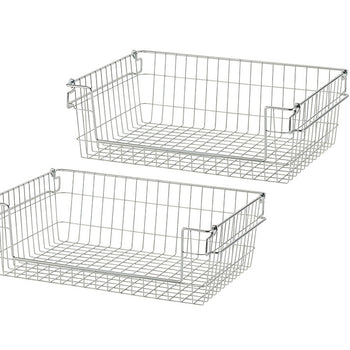 Two identical rectangular wire baskets are stacked diagonally against a white background. The baskets are made of thin, silver-colored metal wire and feature handles on the short sides.