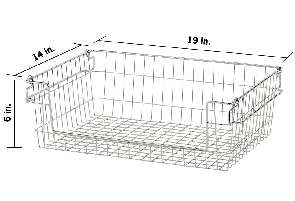 A rectangular, silver metal wire storage basket is depicted with its dimensions labeled in inches. The basket has handles on the short sides and a grid pattern on the bottom.