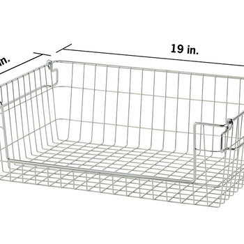 A rectangular, silver metal wire storage basket is depicted with its dimensions labeled in inches. The basket has handles on the short sides and a grid pattern on the bottom.