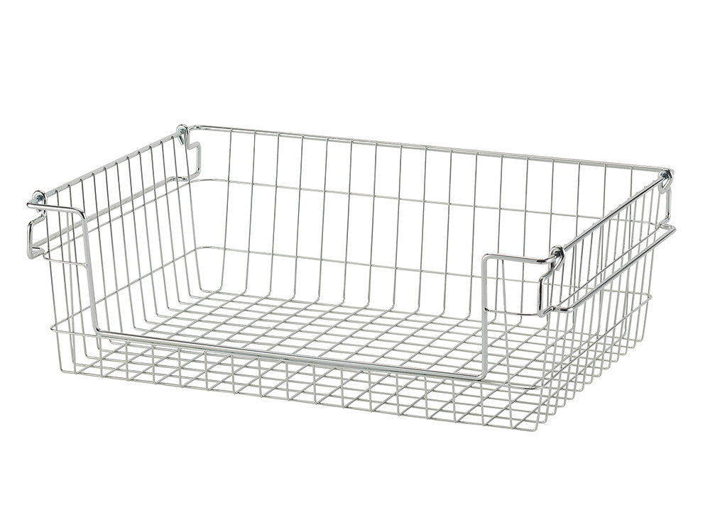 A chrome wire basket with a rectangular shape, featuring a grid pattern on the bottom and a wire frame construction. The basket has handles on the sides, suggesting it's designed for stacking or easy carrying.