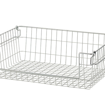 A chrome wire basket with a rectangular shape, featuring a grid pattern on the bottom and a wire frame construction. The basket has handles on the sides, suggesting it's designed for stacking or easy carrying.