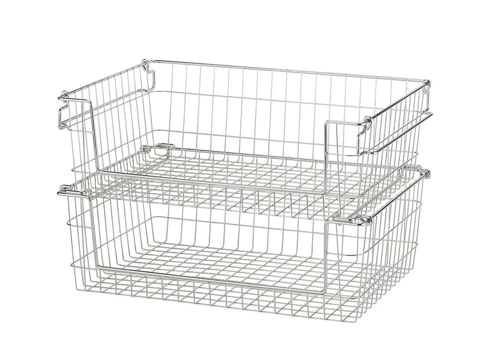 Two stackable wire baskets with handles are shown against a white background. The baskets are made of thin, silver-colored metal wire and have a grid pattern on the bottom.