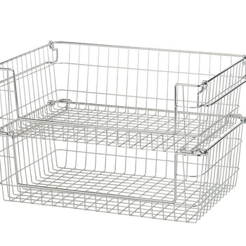 Two stackable wire baskets with handles are shown against a white background. The baskets are made of thin, silver-colored metal wire and have a grid pattern on the bottom.