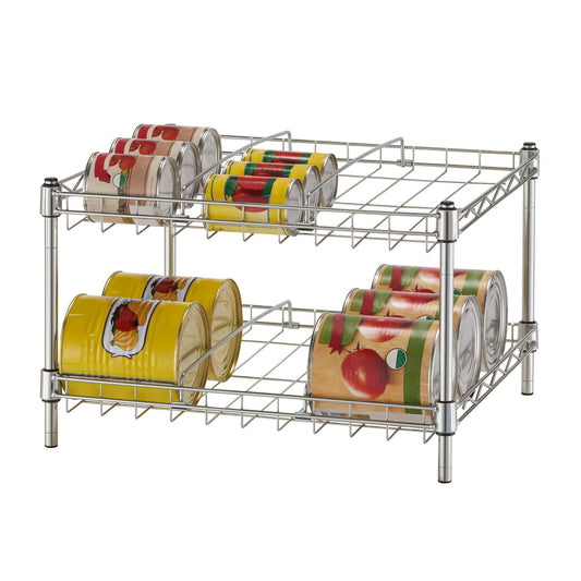 A two-tiered chrome can organizer rack displays various canned goods. The top tier holds two rows of cans, while the bottom tier holds two wider rows, showcasing an efficient storage solution.