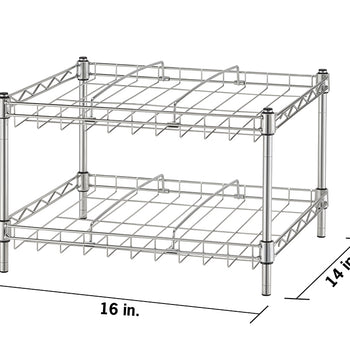 A two-tier, chrome-finished wire shelving unit is shown with its dimensions. The unit is 16 inches wide, 14 inches deep, and 10 inches high.