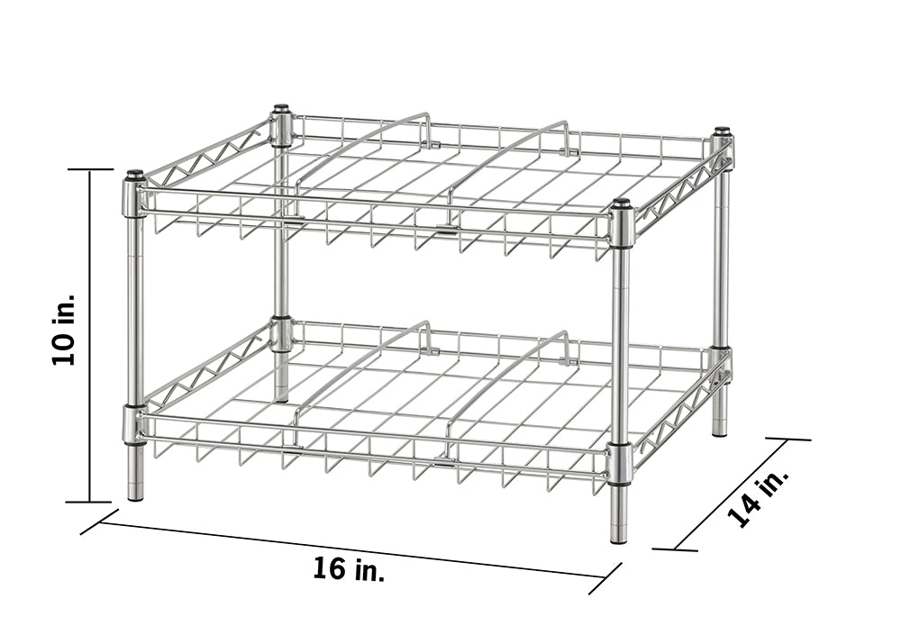 A two-tier, chrome-finished wire shelving unit is shown with its dimensions. The unit is 16 inches wide, 14 inches deep, and 10 inches high.