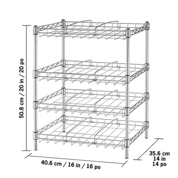 A four-tiered chrome wire shelving unit is shown with its dimensions. The unit measures 50.8 cm (20 inches) high, 40.6 cm (16 inches) wide, and 35.6 cm (14 inches) deep.
