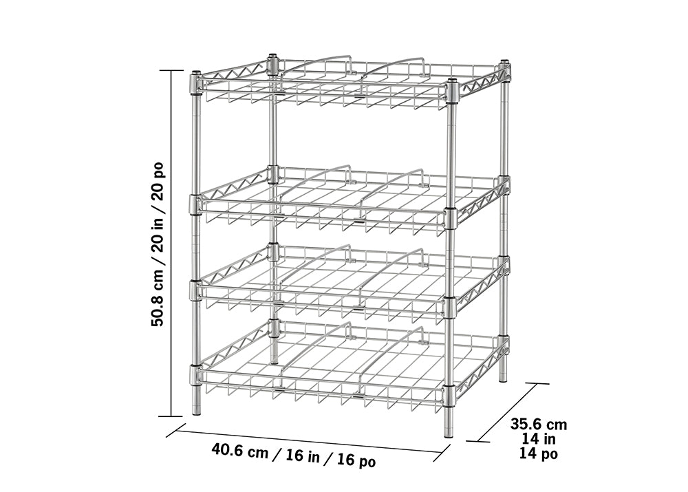 A four-tiered chrome wire shelving unit is shown with its dimensions. The unit measures 50.8 cm (20 inches) high, 40.6 cm (16 inches) wide, and 35.6 cm (14 inches) deep.