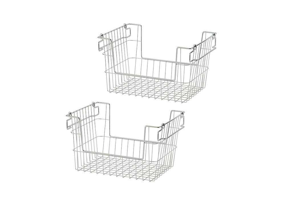 Two silver metal wire storage baskets with hooks for hanging are shown against a white background. The baskets have an open design with a sturdy grid base and raised sides for holding various items.